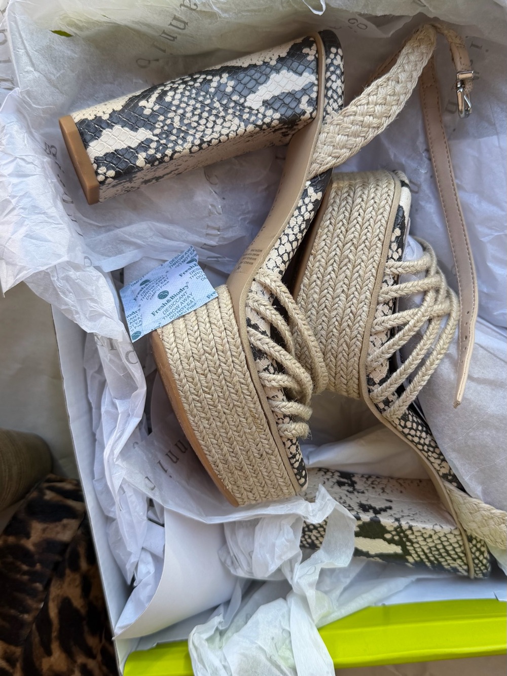 Braided Espadrille Platform Sandals with Snake-Print Heel - Natural
